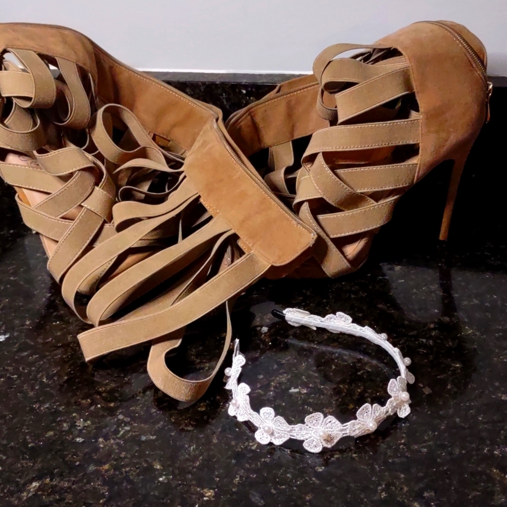 Fashion Nova Thigh High Sandal Heels Size 8.5 Tan, Suede and Spandex